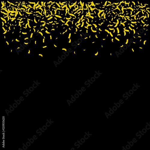 Golden confetti falls isolated over black background. Golden splash or glittering spangles confetti.