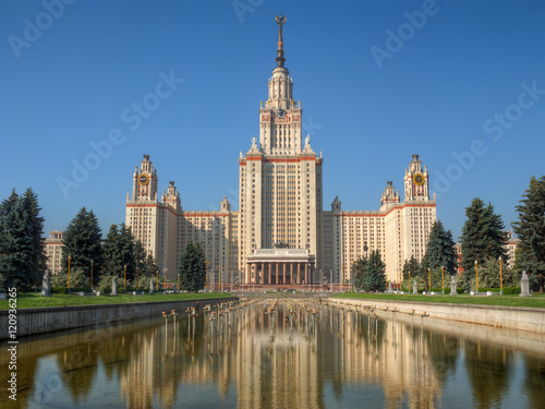 Lomonosov Moscow state university (MSU) at hot summer day, with dry fountain in front. Vertical HDR panoramic image, combined from 3 HDR photos (2 exposures each), total 6 RAW source photos used.