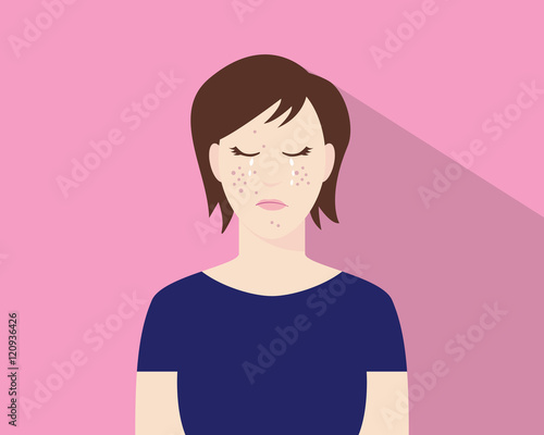 women crying because of his acne or pimple illustration with pink background