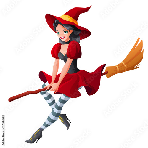 Fotografie Woman in dark red Halloween costume of witch flying on broom