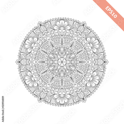 Floral hand drawn black line round ornament.  Mandala. Background. Design for adult coloring book page. Decorative element 