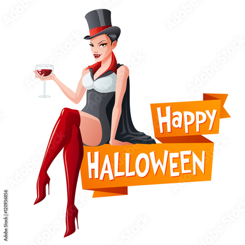 Sexy brunette woman sitting with glass of wine in Dracula vampire Halloween costume and fangs. Cartoon style vector illustration with text isolated on white background.