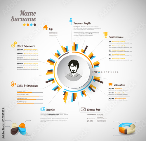 Creative, color rich CV / resume template with circle in the cen