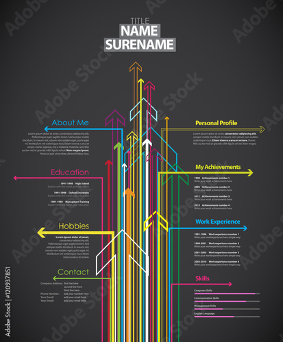 Creative cv template with colorful arrows on dark background.