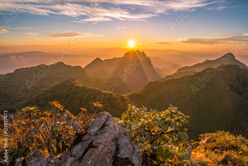 Scenic view of sunset over Doi Luang Chiang Dao the third highest mountains in Thailand. © boyloso