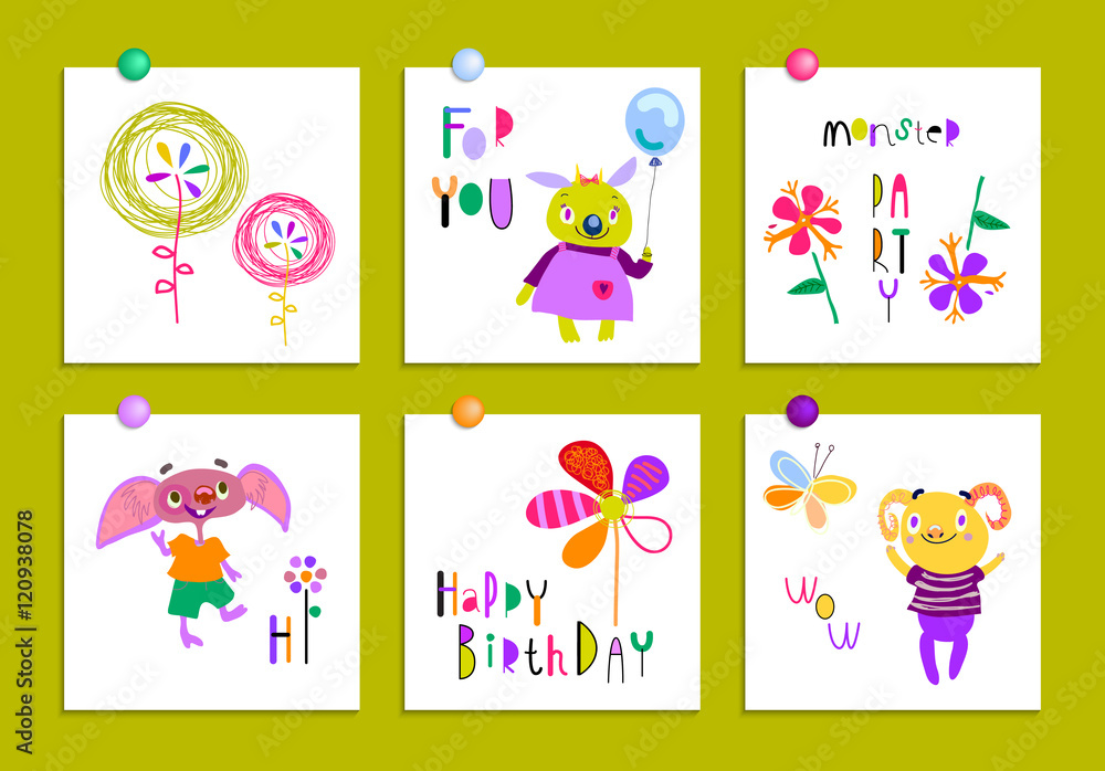 Set of creative cards with funny monsters and flowers. Birthday, party invitations, scrapbooking. Hand Drawn design elements isolated on white. Pink, indigo, orange, chartreuse. Vector illustration. Set of creative cards with funny monsters and flowers. Birthday, party invitations, scrapbooking. Hand Drawn design elements isolated on white. Pink, indigo, orange, chartreuse. Vector illustration.