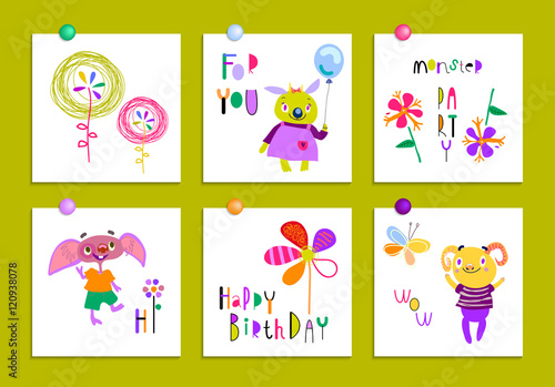 Set of creative cards with funny monsters and flowers. Birthday, party invitations, scrapbooking. Hand Drawn design elements isolated on white. Pink, indigo, orange, chartreuse. Vector illustration. 