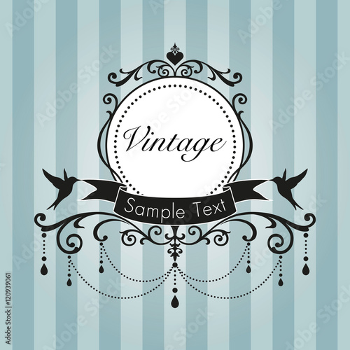 Chandelier vintage frame with birds on blue stripe background