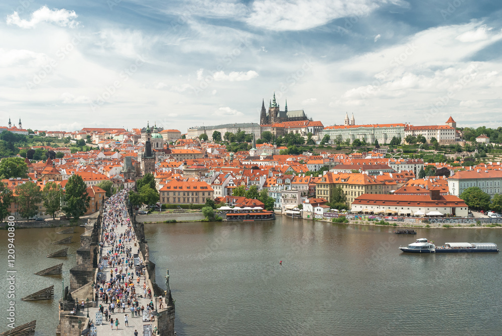 Panormic view of Prague from bridge tower, Charles bridge, Czech republic