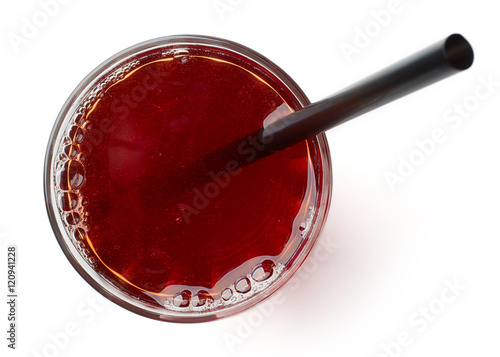 glass of fresh pomegranate juice isolated on white, from above