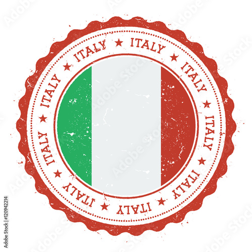 Grunge rubber stamp with Italy flag. Vintage travel stamp with circular text, stars and national flag inside it. Vector illustration.