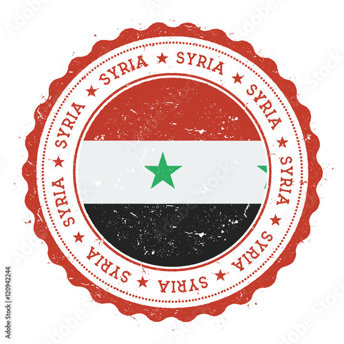 Grunge rubber stamp with Syrian Arab Republic flag. Vintage travel stamp with circular text, stars and national flag inside it. Vector illustration.