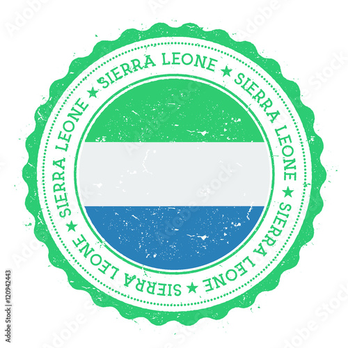 Grunge rubber stamp with Sierra Leone flag. Vintage travel stamp with circular text, stars and national flag inside it. Vector illustration.
