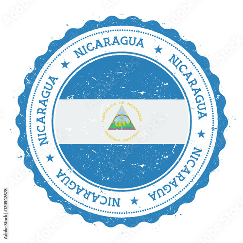 Grunge rubber stamp with Nicaragua flag. Vintage travel stamp with circular text, stars and national flag inside it. Vector illustration.