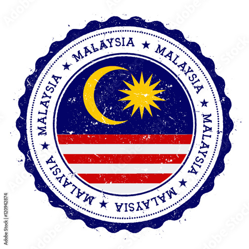 Grunge rubber stamp with Malaysia flag. Vintage travel stamp with circular text, stars and national flag inside it. Vector illustration.