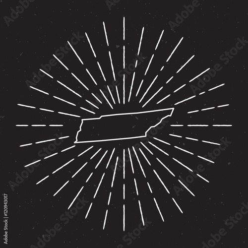 USA vector map outline with a vintage sunburst border, featuring hand-drawn elements and radiant light rays on a black background.