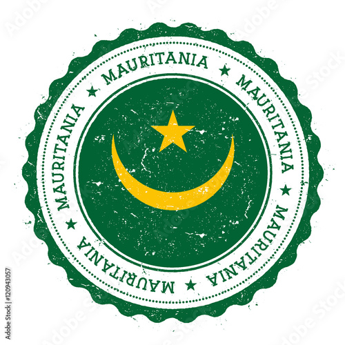 Grunge rubber stamp with Mauritania flag. Vintage travel stamp with circular text, stars and national flag inside it. Vector illustration.