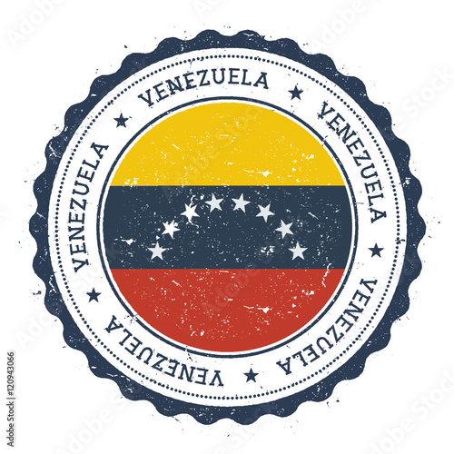Grunge rubber stamp with Venezuela, Bolivarian Republic of flag. Vintage travel stamp with circular text, stars and national flag inside it. Vector illustration.