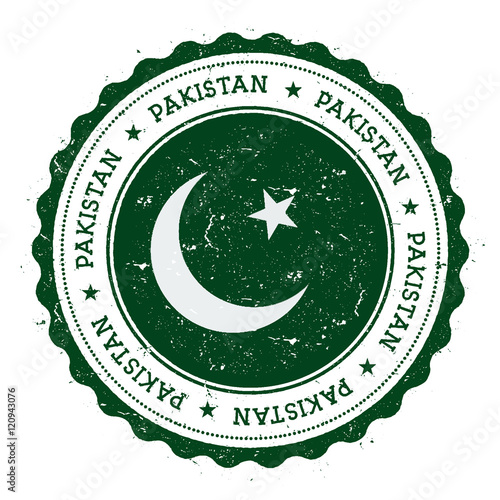 Grunge rubber stamp with Pakistan flag. Vintage travel stamp with circular text, stars and national flag inside it. Vector illustration.