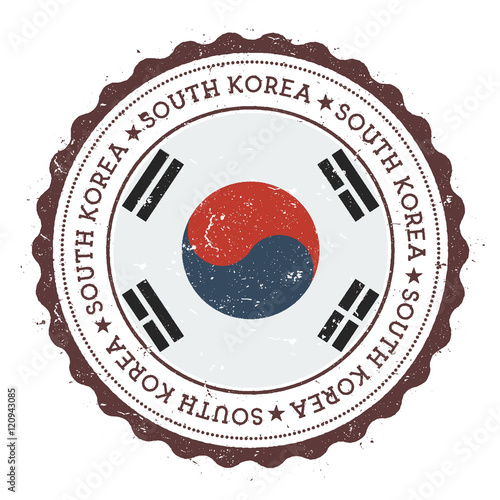Grunge rubber stamp with Korea, Republic of flag. Vintage travel stamp with circular text, stars and national flag inside it. Vector illustration.