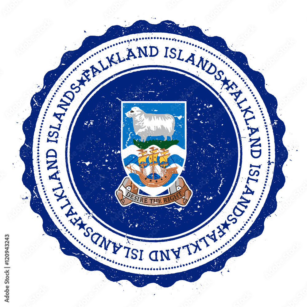 Fototapeta premium Grunge rubber stamp with Falkland Islands (Malvinas) flag. Vintage travel stamp with circular text, stars and national flag inside it. Vector illustration.