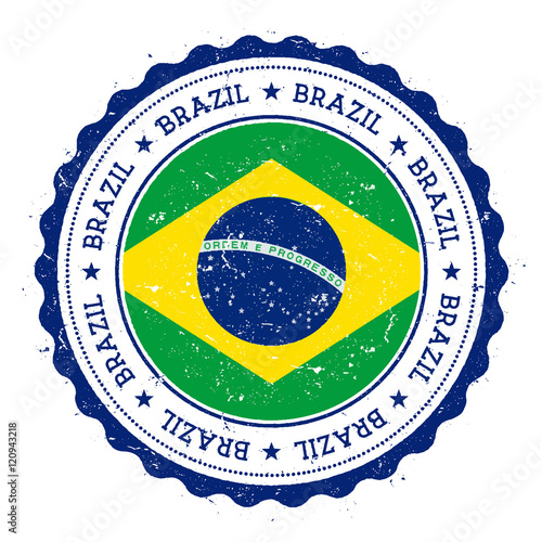 Grunge rubber stamp with Brazil flag. Vintage travel stamp with circular text, stars and national flag inside it. Vector illustration.