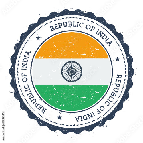 Grunge rubber stamp with India flag. Vintage travel stamp with circular text, stars and national flag inside it. Vector illustration.
