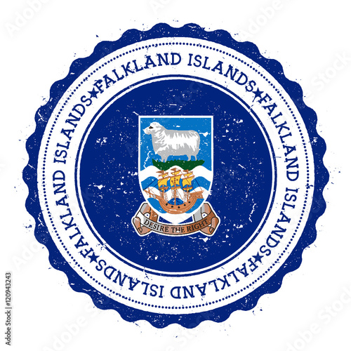Grunge rubber stamp with Falkland Islands (Malvinas) flag. Vintage travel stamp with circular text, stars and national flag inside it. Vector illustration.