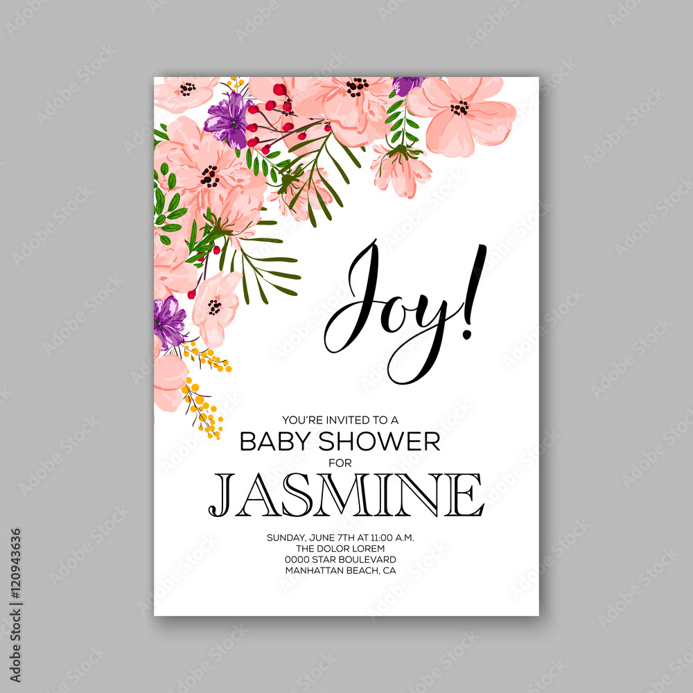 Baby shower invitation template with watercolor tropical flower wreath