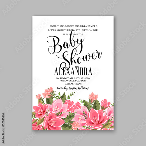 Baby shower invitation template with watercolor tropical flower wreath