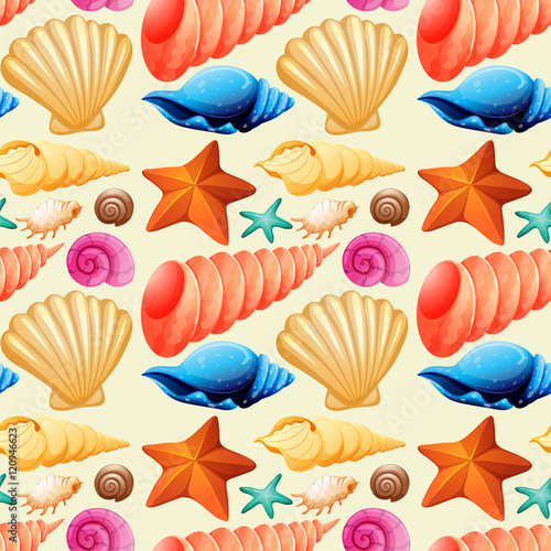 Seamless background with seashells and starfish