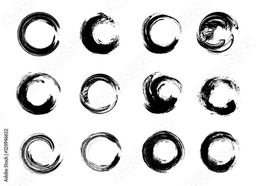 Set of Black Grunge Circle Stains. Vector illustration. Hand Drawn Enso Zen Ink Circles Collection.