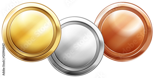 Three shiny coins on white background
