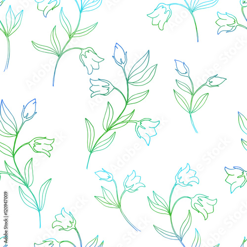 vector pattern of blue green bell flowers silhouette on white