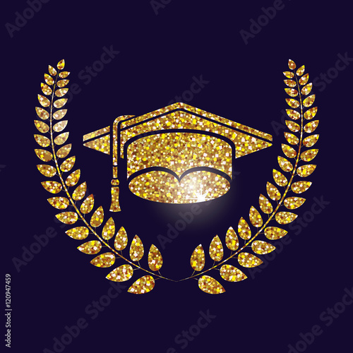 Graduation cap and wreath icon. University school and education theme. Gold design. Vector illustration