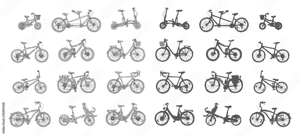 Big hand drawn set of different bicycles. 