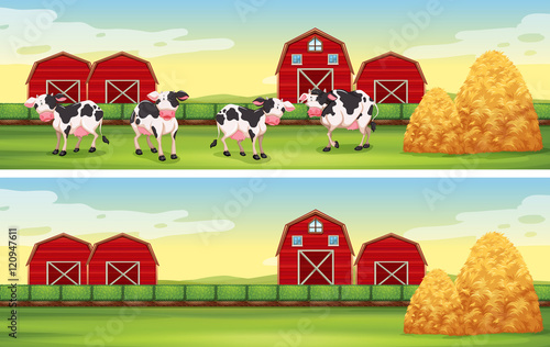 Farm scenes with cows and barns
