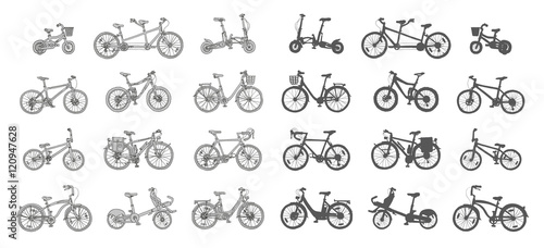 Big hand drawn set of different bicycles. 