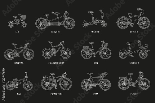 Big hand drawn set of different bicycles. 