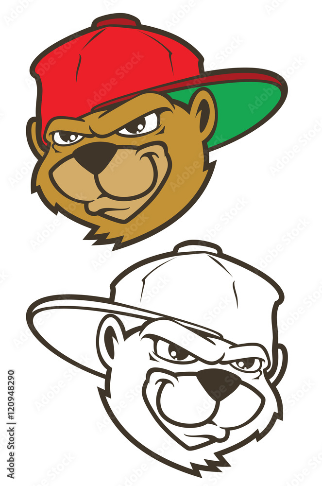 Naklejka premium Cool brown cartoon hip hop bear character with cap. Vector clip art illustration
