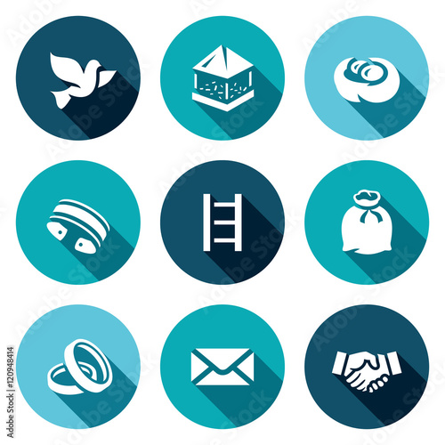 Vector Set of Dovecote Icons. Pigeon feeders, nest ring, shackles, stairs, sack, wedding, postal, friendship.