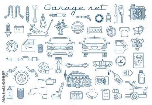 Garage. Vector car parts set outline details. Isolated