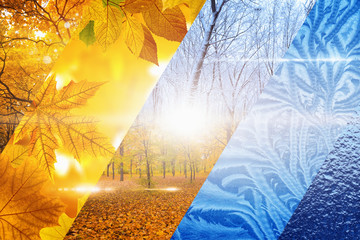 Fall turns to winter. Vibrant colorful images of different time of year - fall and winter.