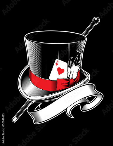 magician hat with cane, ace of hearts and ribbon