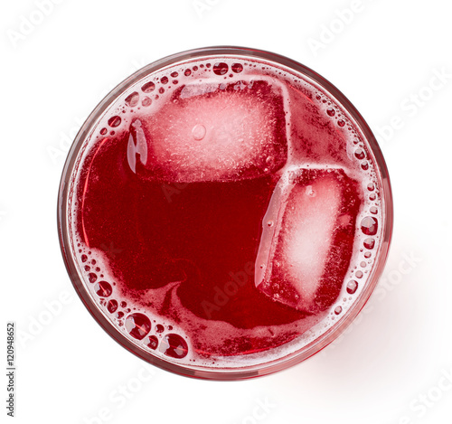 glass of fresh cranberry juice isolated on white, from above