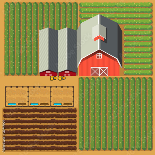 Aerial view of farmland with barns and crops