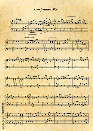 Music note sheet with difficult melody on old paper