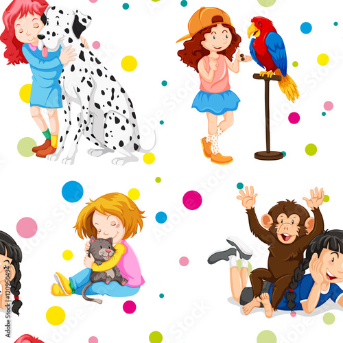 Seamless background with girls and pets