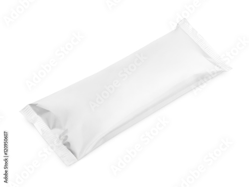Top view of blank plastic pouch snack packaging isolated on white background with clipping path