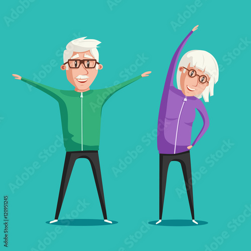 Senior people and gymnastics. Cartoon vector illustration